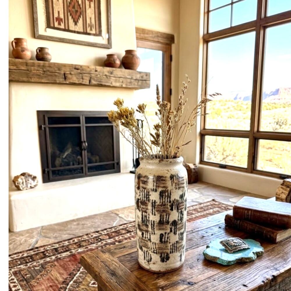 Hand-thrown studio pottery vase textured impasto glaze earthy palette signed